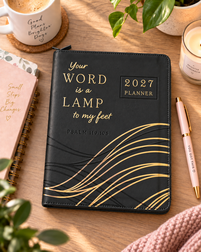 2027 NKJV 16-Month Scripture Planner, Charcoal Leathersoft, Zippered, Your Word Is a Lamp