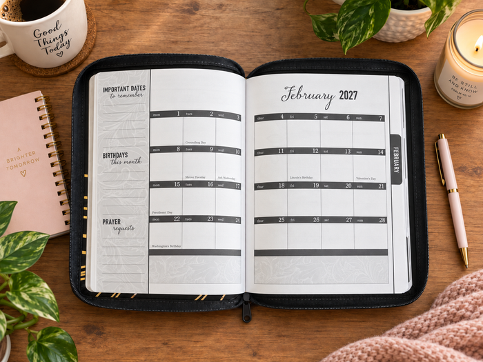 2027 NKJV 16-Month Scripture Planner, Charcoal Leathersoft, Zippered, Your Word Is a Lamp