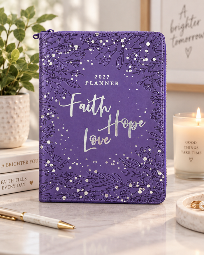 2027 NKJV 16-Month Scripture Planner, Purple Leathersoft, Zippered, Faith Hope Love