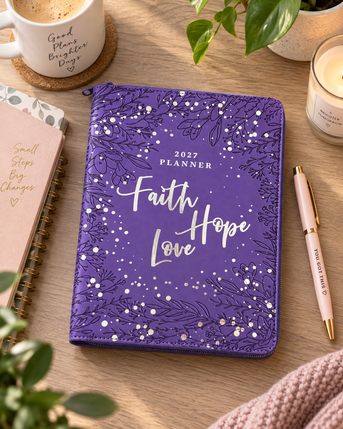 2027 NKJV 16-Month Scripture Planner, Purple Leathersoft, Zippered, Faith Hope Love