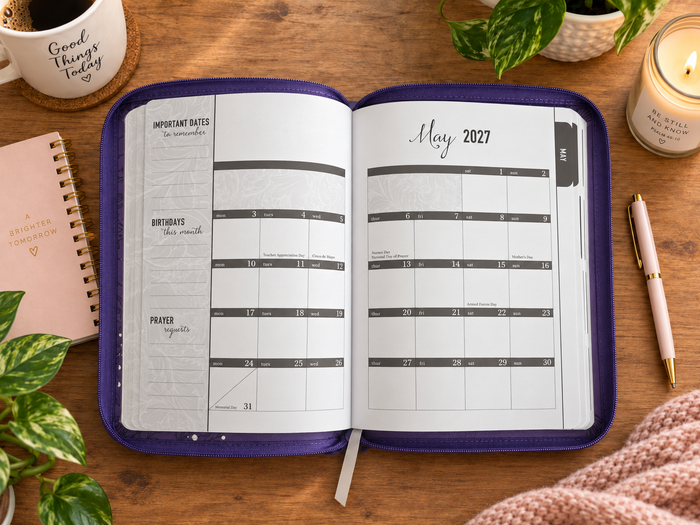 2027 NKJV 16-Month Scripture Planner, Purple Leathersoft, Zippered, Faith Hope Love