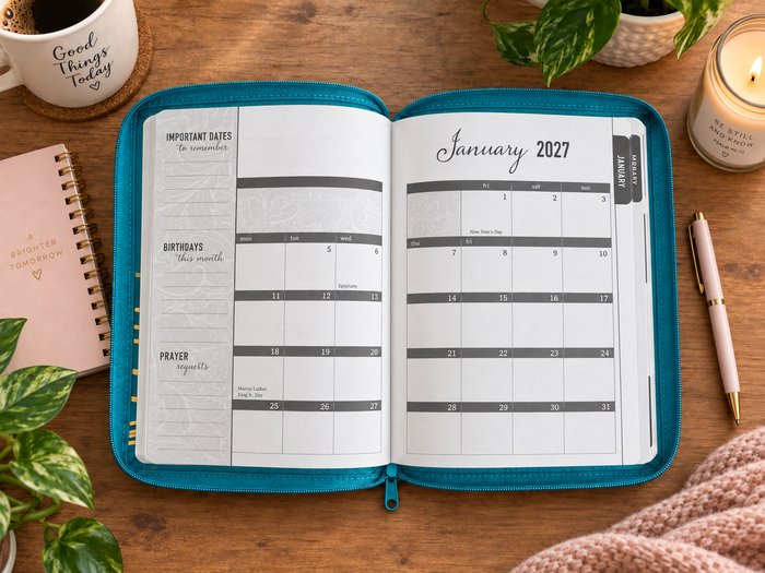 2027 NKJV 16-Month Scripture Planner, Teal Leathersoft, Zippered, The Lord Is My Light