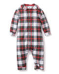 The Petite Plume Babys Brushed Cotton Cambridge Romper in Balmoral Tartan features a Scottish-inspired red, green, and black plaid on white. This yarn-dyed cotton romper offers long sleeves, a button-up front, and leg snap closures for easy changing.