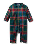 The Baby's Brushed Twill Cambridge Romper in Kensington Tartan features long sleeves, full length, a green, red, and blue plaid design, front zipper, leg snap buttons, and a rounded collar.