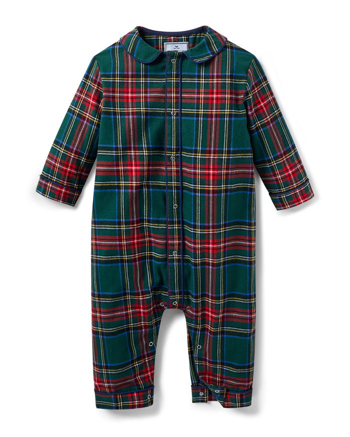 The Baby's Brushed Twill Cambridge Romper in Kensington Tartan features long sleeves, full length, a green, red, and blue plaid design, front zipper, leg snap buttons, and a rounded collar.