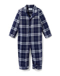 The Baby's Brushed Twill Classic Romper in Oxford Tartan is a full-length, long-sleeve children's onesie featuring a navy, white, and gray plaid pattern with a button-up front, collar, and snap leg closures.