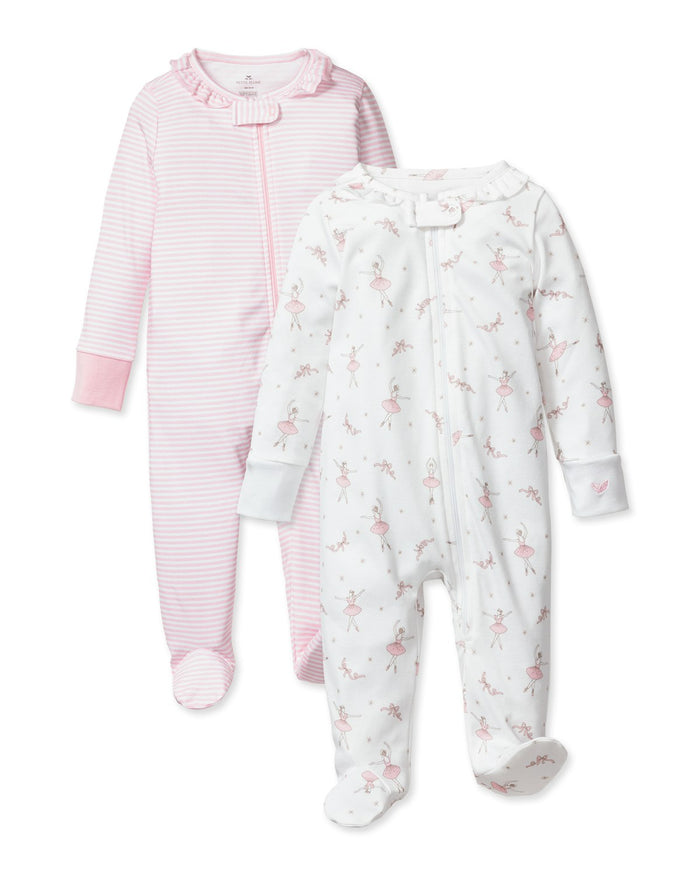 The Babys Holiday Pima Romper Duo in Pink Stripe & Sugar Plum Fairy by Petite Plume includes two charming sleepers: one with pink and white stripes plus ruffles, the other with a delightful pink ballerina print. Both feature front zippers and footed bottoms, ideal for holidays or daily wear.