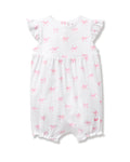 Discover the Petite Plume Babys Pima Isla Play Romper in Blushing Bows. Made from 100% Pima cotton, this white romper features charming pink bow patterns, ruffled short sleeves, and elasticized leg openings for comfort and style.