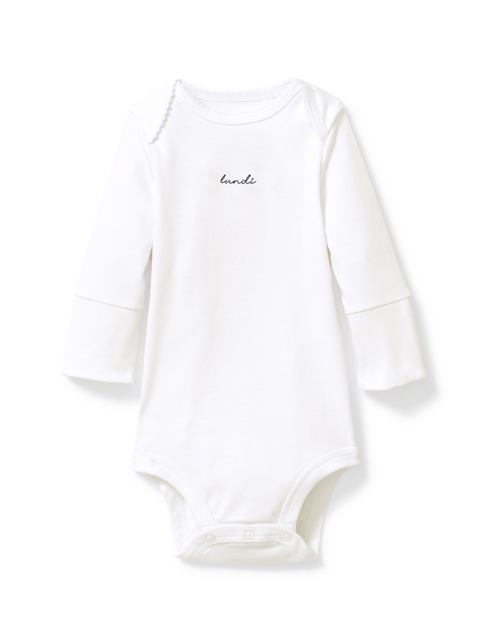 Baby’s Pima Long Sleeve Onesie Set in French Lessons Blue, featuring the word “lundi” delicately embroidered in small black script on the chest, shown against a plain white background.