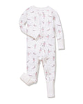 The Baby's Pima Peekaboo Romper in Sugar Plum Fairy is a long-sleeve white onesie featuring a front zipper, pink ballerina and flower prints, plus solid white cuffs and ankles.