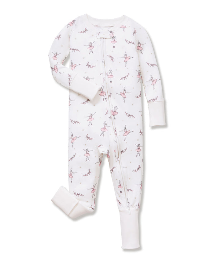 The Baby's Pima Peekaboo Romper in Sugar Plum Fairy is a long-sleeve white onesie featuring a front zipper, pink ballerina and flower prints, plus solid white cuffs and ankles.