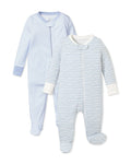 The Babys Pima Romper Duo in Blue Stripe & La Mer by Petite Plume features a light blue snug fit romper with small stripes and closed zipper, paired with a white romper with a blue wave pattern, mittens, front zipper, and foot coverings. Both are laid flat on a white background.
