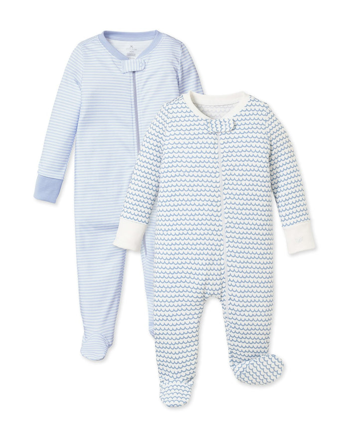 The Babys Pima Romper Duo in Blue Stripe & La Mer by Petite Plume features a light blue snug fit romper with small stripes and closed zipper, paired with a white romper with a blue wave pattern, mittens, front zipper, and foot coverings. Both are laid flat on a white background.