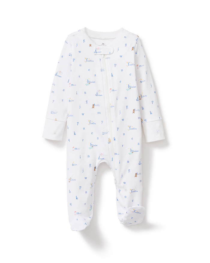 Baby’s Pima Romper in Letters and Lullabies, a white footed onesie with long sleeves, features adorable animal prints and small colorful letters, showcased on a plain white background.