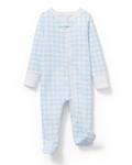 The Baby’s Pima Romper in Light Blue Gingham features a light blue and white gingham pattern, long sleeves with white cuffs, a diagonal zipper from the neck to the left ankle, covered feet, and a snap closure at the collar.