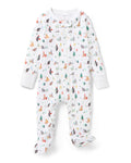The Baby's Pima Romper in Merry Meow is a white onesie with a front zipper, covered feet, long sleeves, and playful prints of animals, trees, and people enjoying outdoor adventures like camping and fishing.
