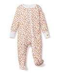 The Babys Pima Romper in Pumpkin Patch by Petite Plume is an adorable white onesie with orange jack-o-lanterns, soft Pima cotton fabric, a convenient zip-up front, and cozy white cuffs. Perfect for Halloween!.