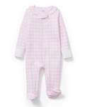 Baby’s Pima Ruffle Collar Romper in Pink Gingham features a pink and white gingham pattern, long sleeves, footed legs, white cuffs, a ruffled collar, and a diagonal zipper from the neck to the leg.