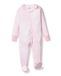 The Babys Pima Ruffle Collar Romper in Pink Stripes from Petite Plume features long sleeves, footed bottoms, and is crafted from soft Pima cotton. It includes a ruffled collar and cuffs with a front zipper for closure.