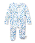 The Baby's Pointelle Footie Romper in Blue Floral is a white footed onesie with a front zipper, decorated with small blue flowers and green leaves.