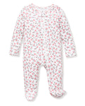 Baby's Pointelle Footie Romper in Pink Floral features a white long-sleeve footed onesie with a pink and green floral print, shown flat on a white background.