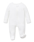 The Baby's Pointelle Footie Romper in White features long sleeves, covered feet, a front zipper, and a single neckline button, shown laid flat on a white background.