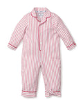 The Babys Twill Romper in Antique Red Ticking by Petite Plume is a childs long-sleeve jumpsuit with vertical red and white stripes, made from lightweight brushed twill. It features a collar, red trim on the cuffs and ankles, and a back flap pocket.