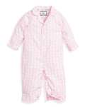 Baby's Twill Classic Romper in Pink Gingham: long sleeves, small collar, button front, footless legs. Light pink and white checkered design. Garment shown flat on a white background.