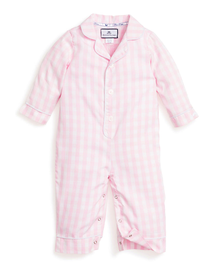 Baby's Twill Classic Romper in Pink Gingham: long sleeves, small collar, button front, footless legs. Light pink and white checkered design. Garment shown flat on a white background.
