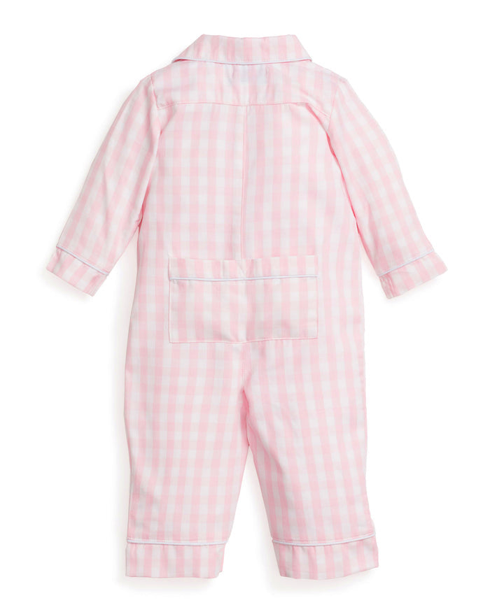Baby's Twill Classic Romper in Pink Gingham: long sleeves, small collar, button front, footless legs. Light pink and white checkered design. Garment shown flat on a white background.