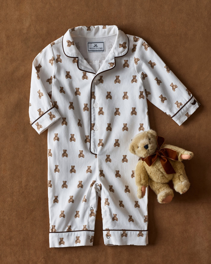 A white and brown Baby's Twill Classic Romper in Teddy Tales.