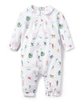 Baby's Twill Madeline Romper in 12 Days of Christmas: a white long-sleeve romper featuring colorful festive prints, a button-down front, and ruffled collar and cuffs.