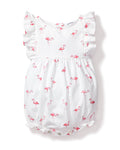 The Petite Plume Babys Twill Ruffled Romper in Flamingos combines luxury and tropical flair with its playful pink flamingo print, ruffled sleeves, and convenient bottom snaps for easy changing.
