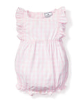 The Babys Twill Ruffled Romper in Pink Gingham by Petite Plume features ruffled sleeves, a cinched waist, leg openings, and two small buttons at the bottom for a snug fit during playful nights.