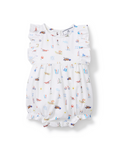 Baby’s Twill Ruffled Romper in Summer Nostalgia features a white base with ruffled sleeves and playful beach-themed prints, including cars, bicycles, surfboards, sailboats, and people. Designed for convenience and comfort, the romper has elastic leg openings and snap closures at the bottom.