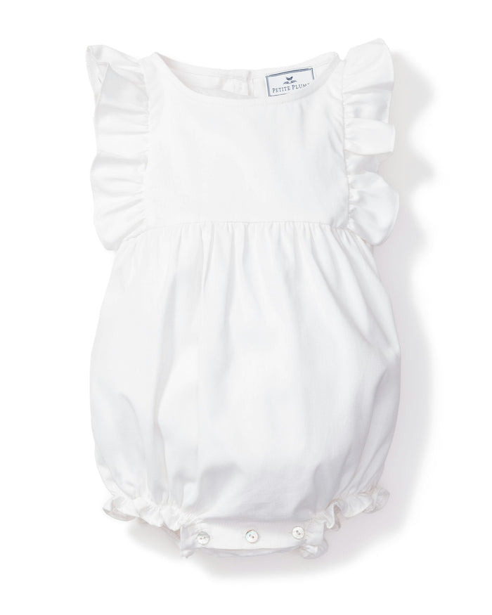 White baby romper with ruffled sleeves on a white background