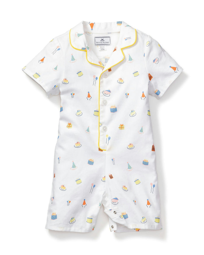 Short-sleeve pajama top with colorful pattern on a white background