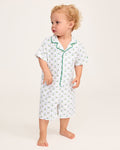 The Baby's Twill Summer Romper in Fairway Stripe is a short-sleeved, button-down romper with green piping, decorated with golf clubs and holes on white fabric with blue vertical stripes.