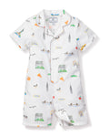 The Babys Twill Summer Romper in New York! New York! by Petite Plume is crafted from yarn-dyed cotton and adorned with colorful NYC illustrations, including the Statue of Liberty and Empire State Building. It features short sleeves, a collar, and snap closure—ideal for little city dreamers.