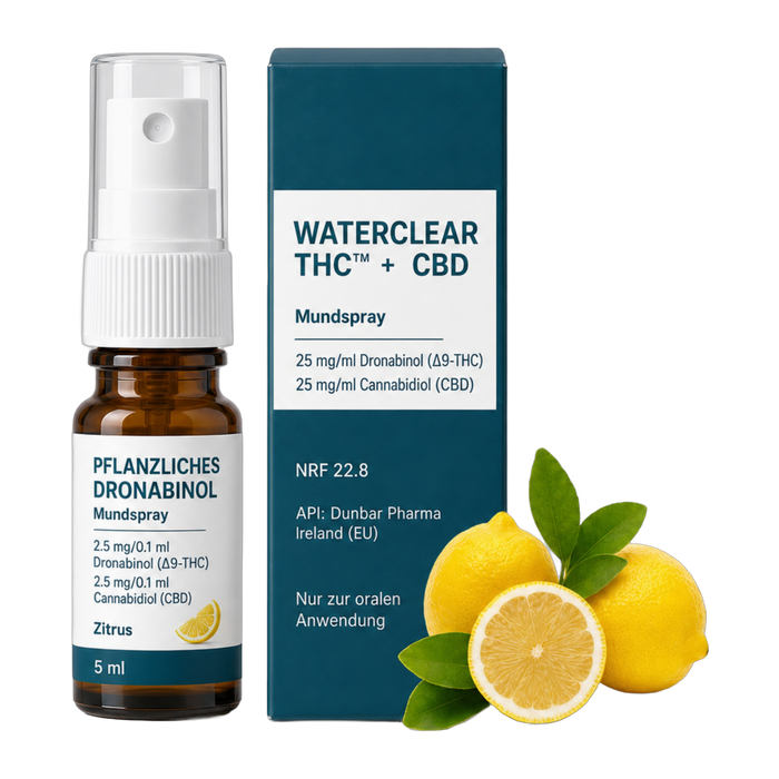 WaterClear THC + CBD Mundspray Zitrus 25 mg/ml Dronabinol, 25 mg/ml CBD, 5 ml – Flasche und Faltschachtel