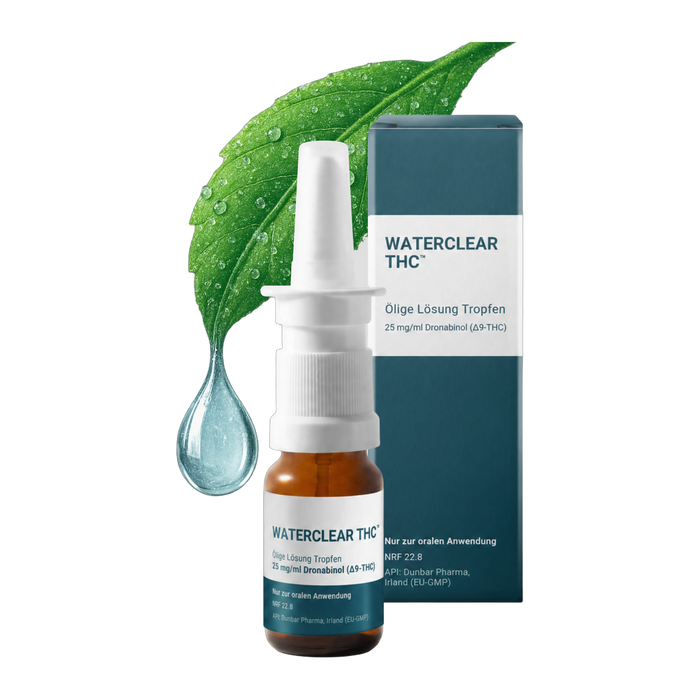 WaterClear THC Tropfen 25 mg/ml Dronabinol – Flasche und Faltschachtel