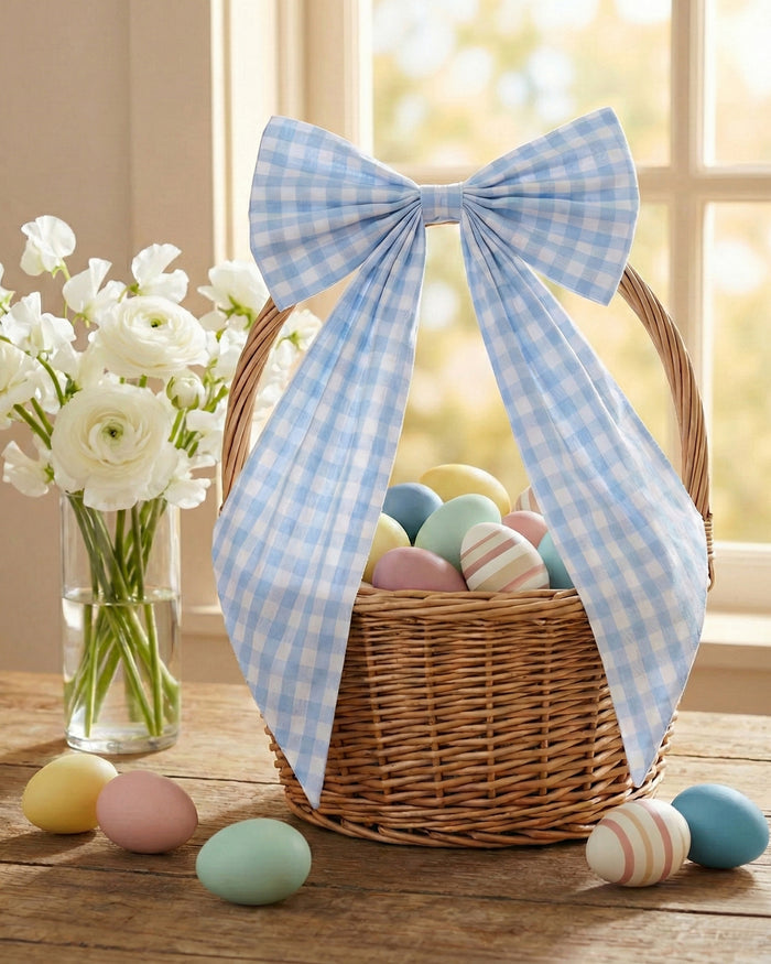 A floral wreath of small white and pink blooms hangs on a beige door, adorned with the Easter Basket and Wreath Bow in Light Blue Gingham featuring long ribbon tails.