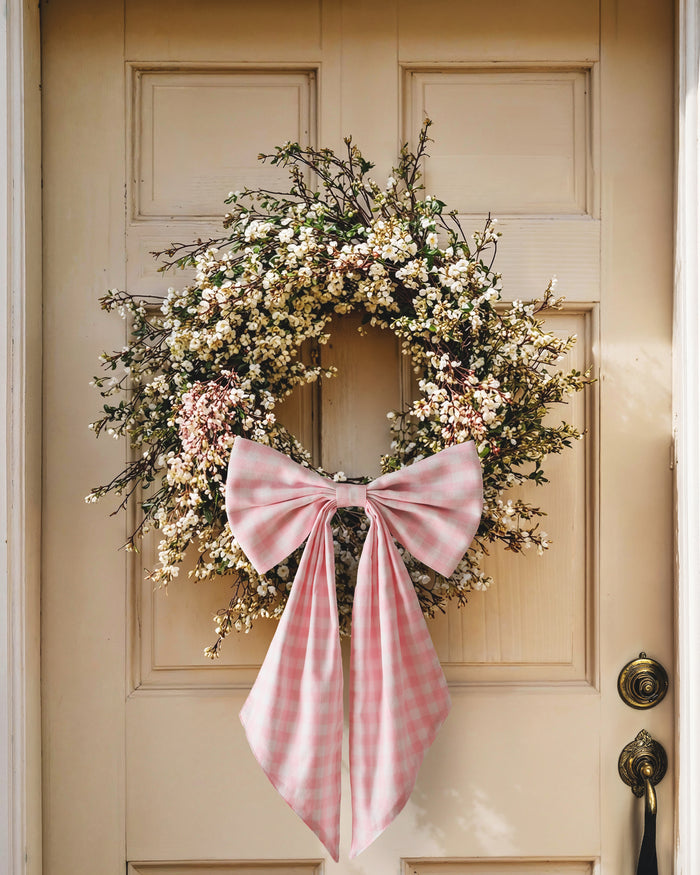 A spring wreath adorned with small white and pink flowers and greenery hangs on a beige door, finished with the Easter Basket and Wreath Bow in Pink Gingham at the bottom.