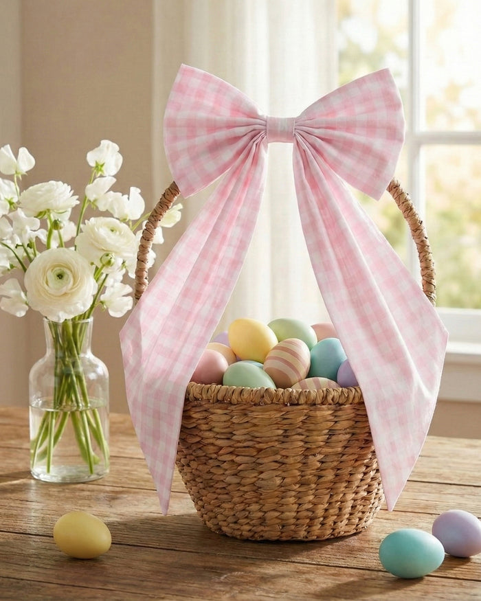 A spring wreath adorned with small white and pink flowers and greenery hangs on a beige door, finished with the Easter Basket and Wreath Bow in Pink Gingham at the bottom.