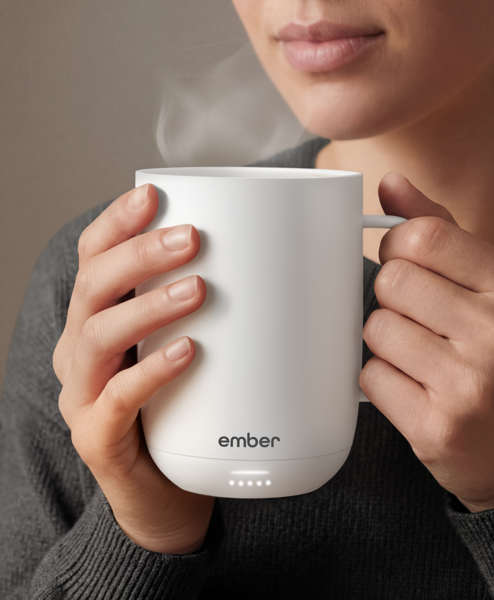 Ember Mug 3 in White, 14 oz, held in hands