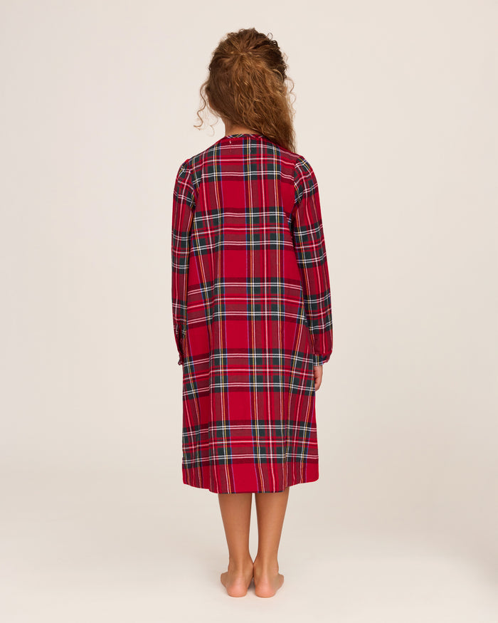 The Girl's Brushed Twill Beatrice Nightgown in Imperial Tartan is a long-sleeved, knee-length nightgown with a red, green, black, and white plaid, partial front buttons, and gentle shoulder gathers.