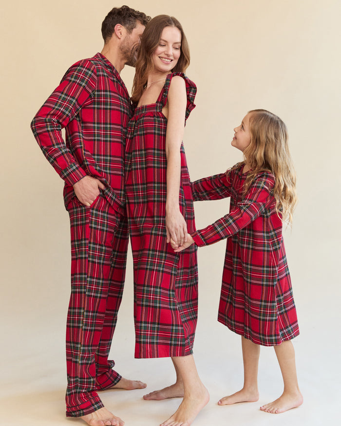 The Girl's Brushed Twill Beatrice Nightgown in Imperial Tartan is a long-sleeved, knee-length nightgown with a red, green, black, and white plaid, partial front buttons, and gentle shoulder gathers.