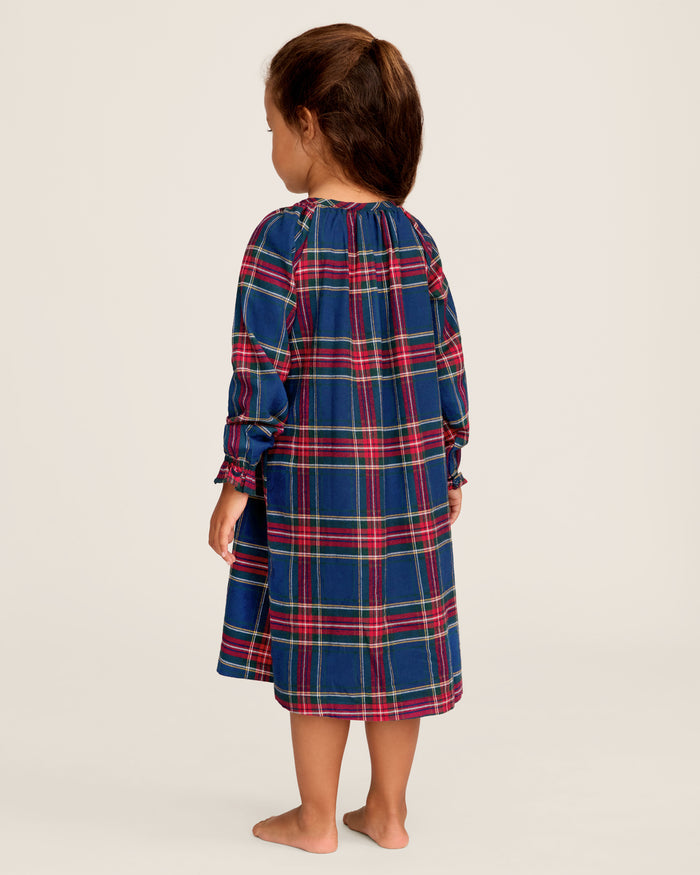 The Girl's Brushed Twill Delphine Nightgown in Windsor Tartan features a blue, green, and red plaid pattern, knee-length long sleeves with ruffled cuffs, and a round neckline with a small button.