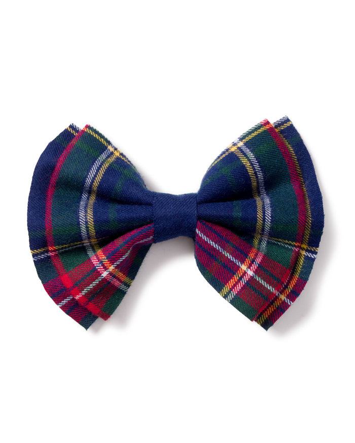 The Girls Hair Bows in Windsor Tartan by Petite Plume, featuring blue, green, and red plaid on smooth fabric, make a charming holiday gift or stocking stuffer.