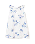 White Girls Twill Amelie Nightgown in Indigo Floral by Petite Plume, featuring a vintage print of blue floral patterns and ruffled shoulders, expertly crafted from the finest quality cotton.